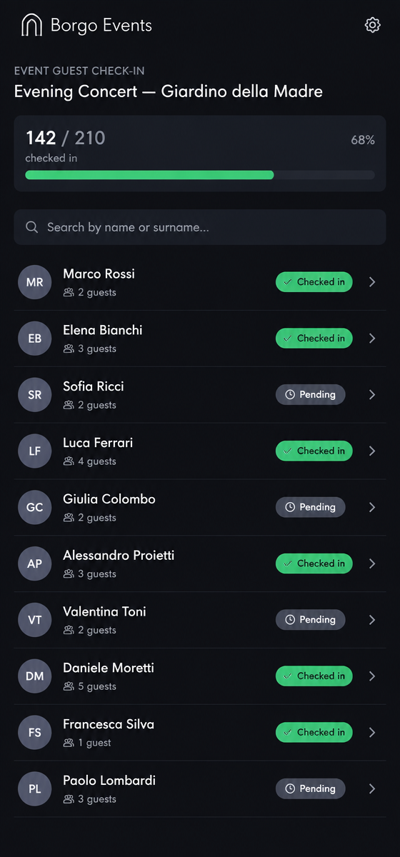 Borgo Event Check-in screen
